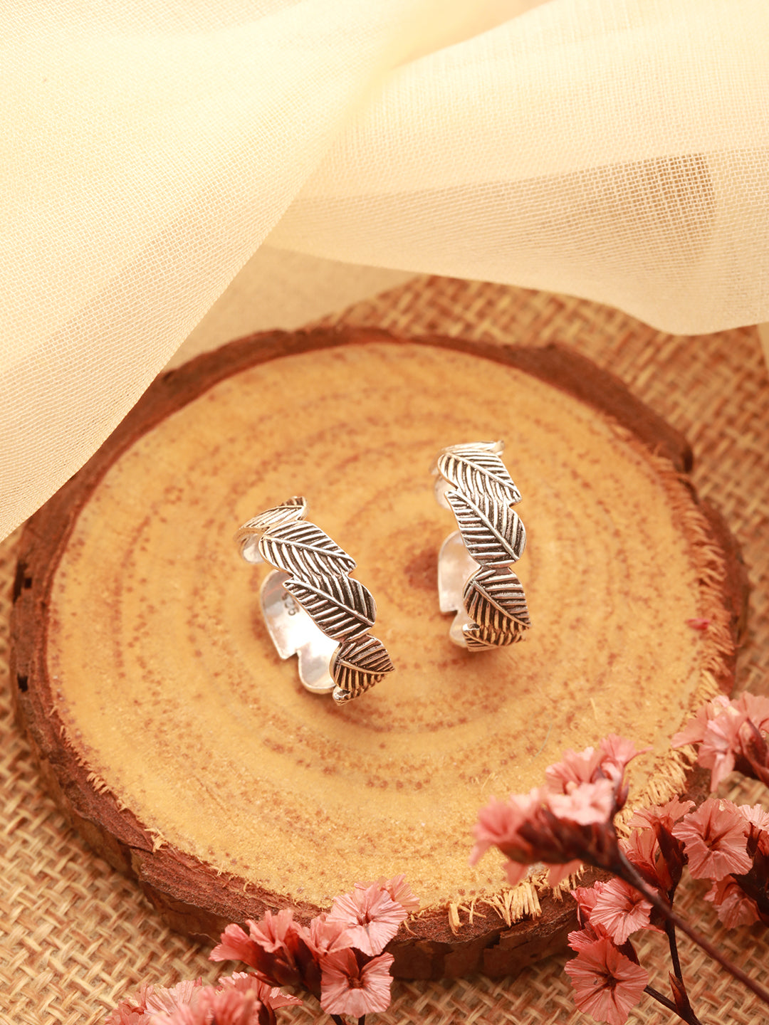 925 Sterling Silver Oxidised Leafy Minimal Pair Of  Toe Ring